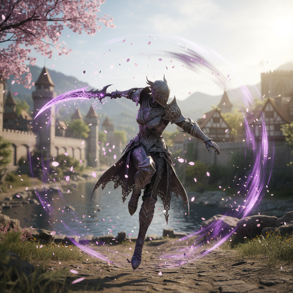 Cena de combate em Black Desert Online com gráficos realistas e efeitos de luz em um vale medieval.