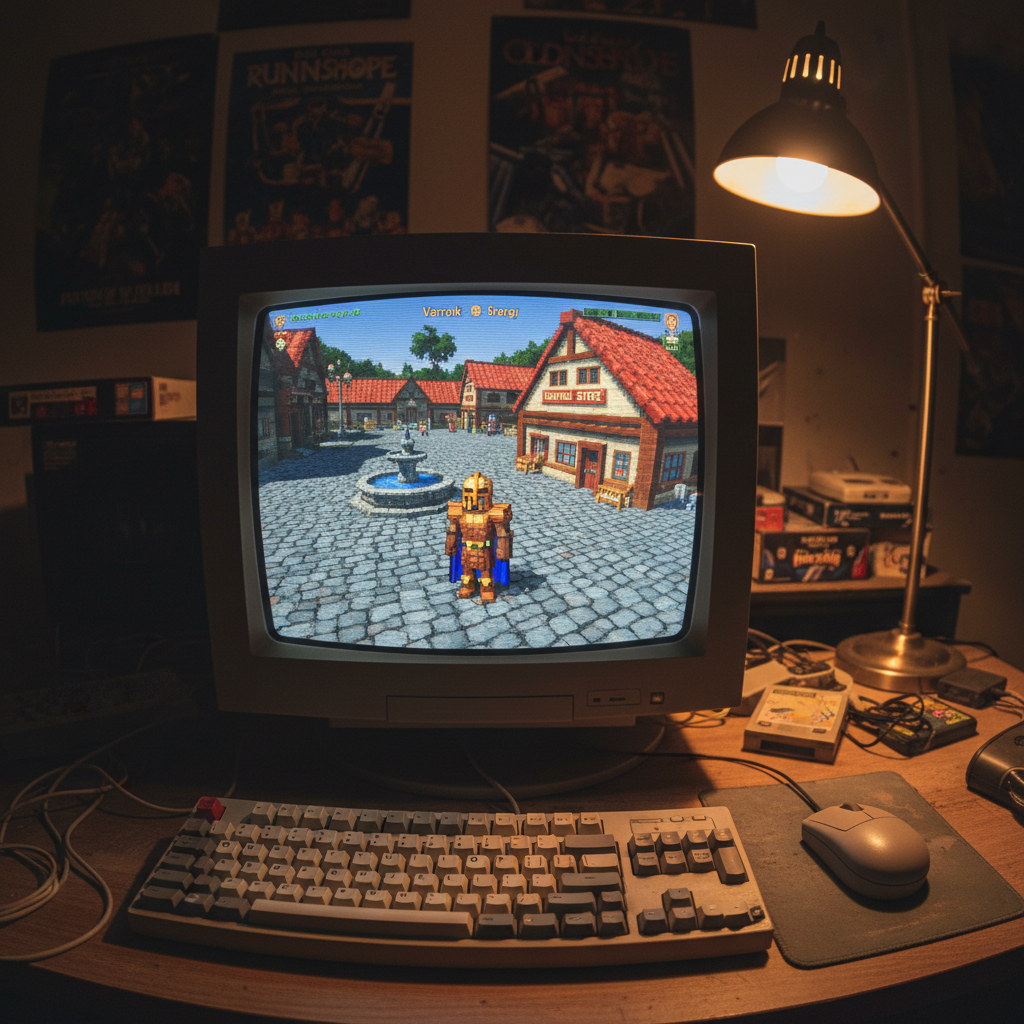 Gameplay retrô de Old School RuneScape em um monitor CRT clássico, mostrando a praça central de Varrock.